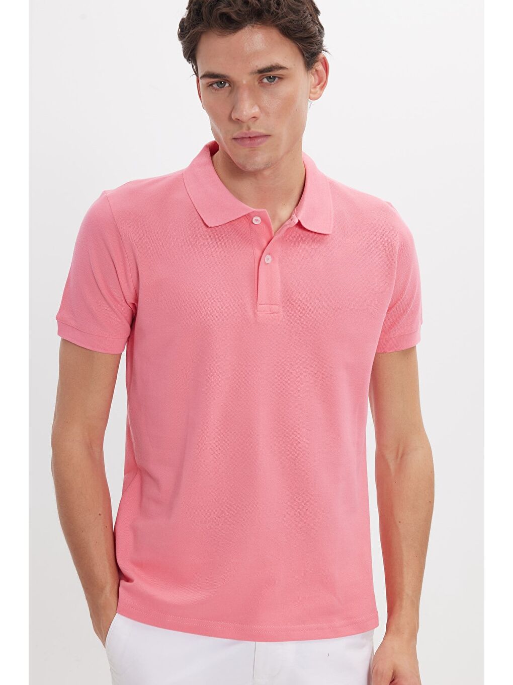 Erkek Slim Fit Dar Kesim %100 Pamuk Kısa Kollu Polo Yaka Pembe Tişört