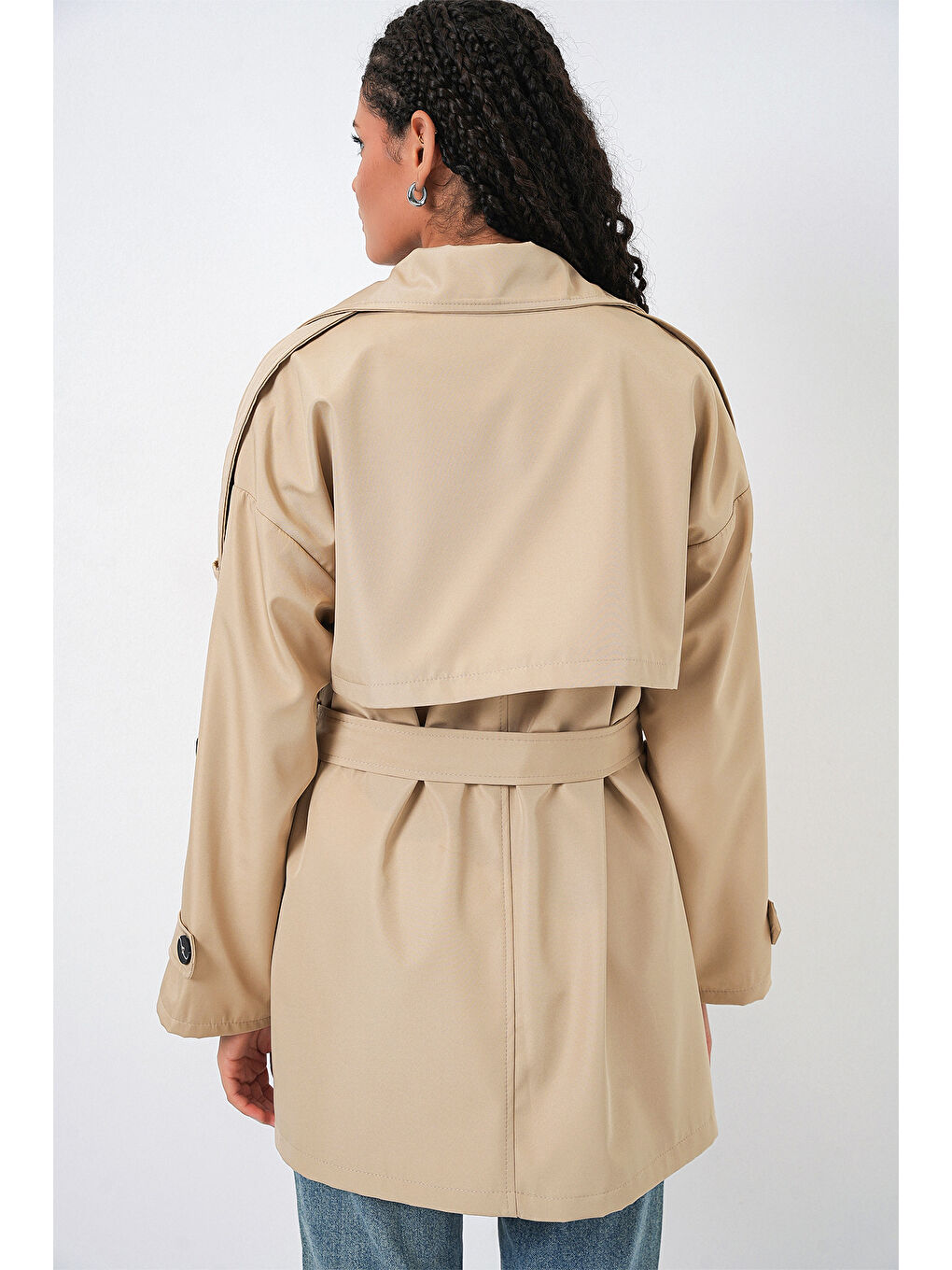Kadın Kuşaklı Kısa Trençkot 5974 - Bej-6