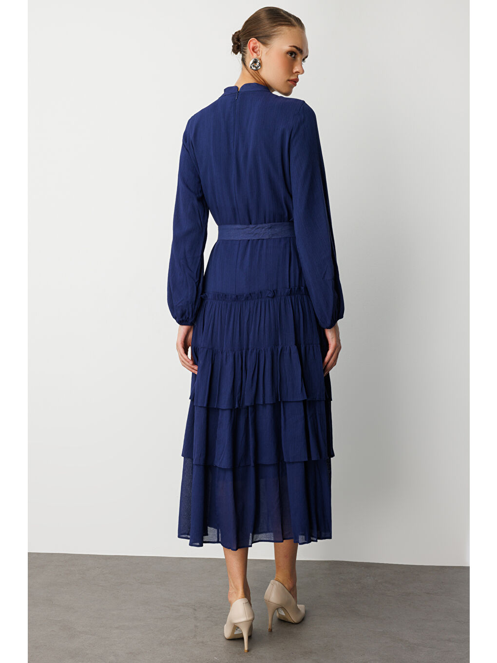 Kat Pileli Maksi Lacivert Elbise-5
