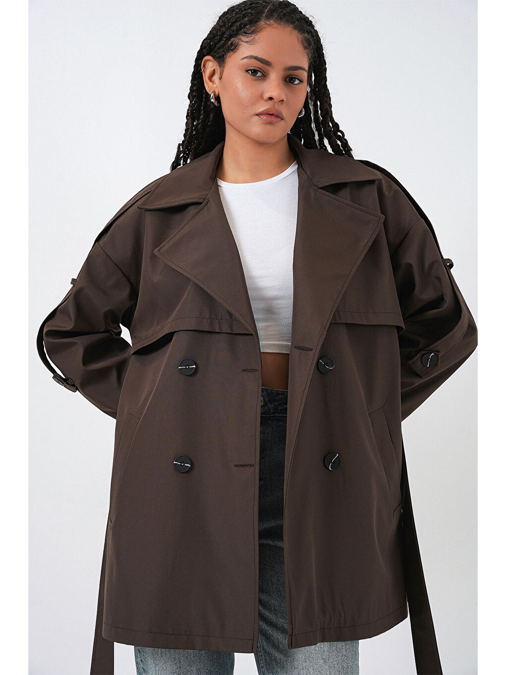 Kahverengi Kadın Kuşaklı Kısa Trençkot 5974 - A.Kahve-2