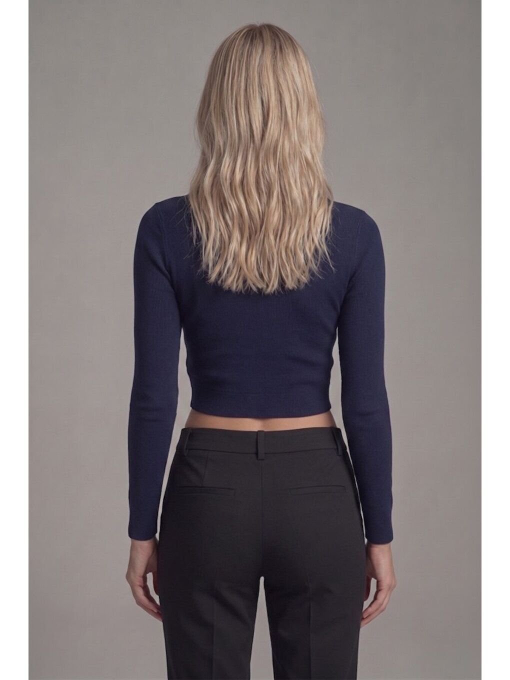 Lacivert Premium Yumuşak Dokulu Esnek Örme Bisiklet Yaka Crop Bluz-3