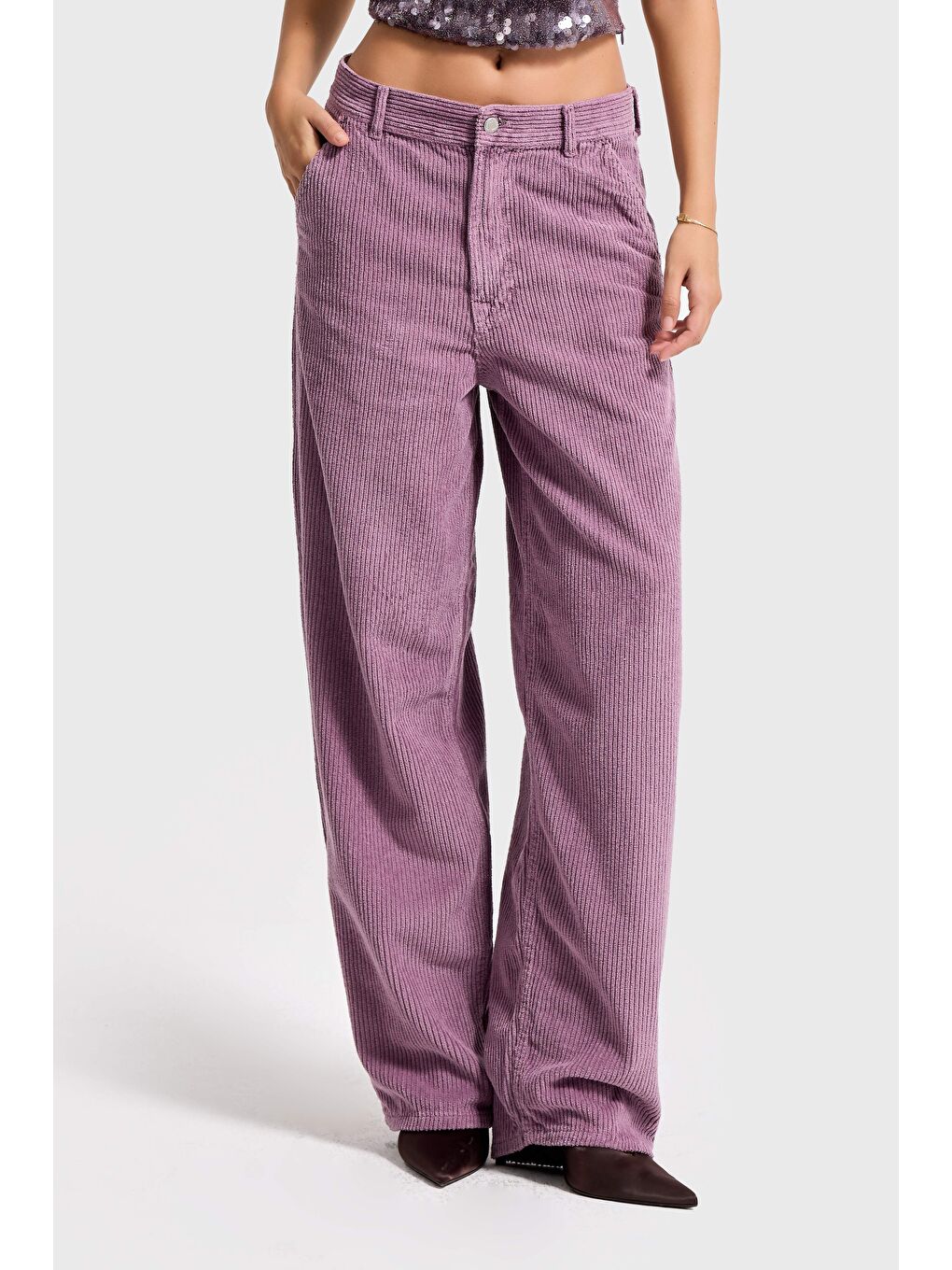Kadın Lila Renk 29w5-111 Skater Fit Kalın Fitilli Velvet Kadife Kumaş Pantolon