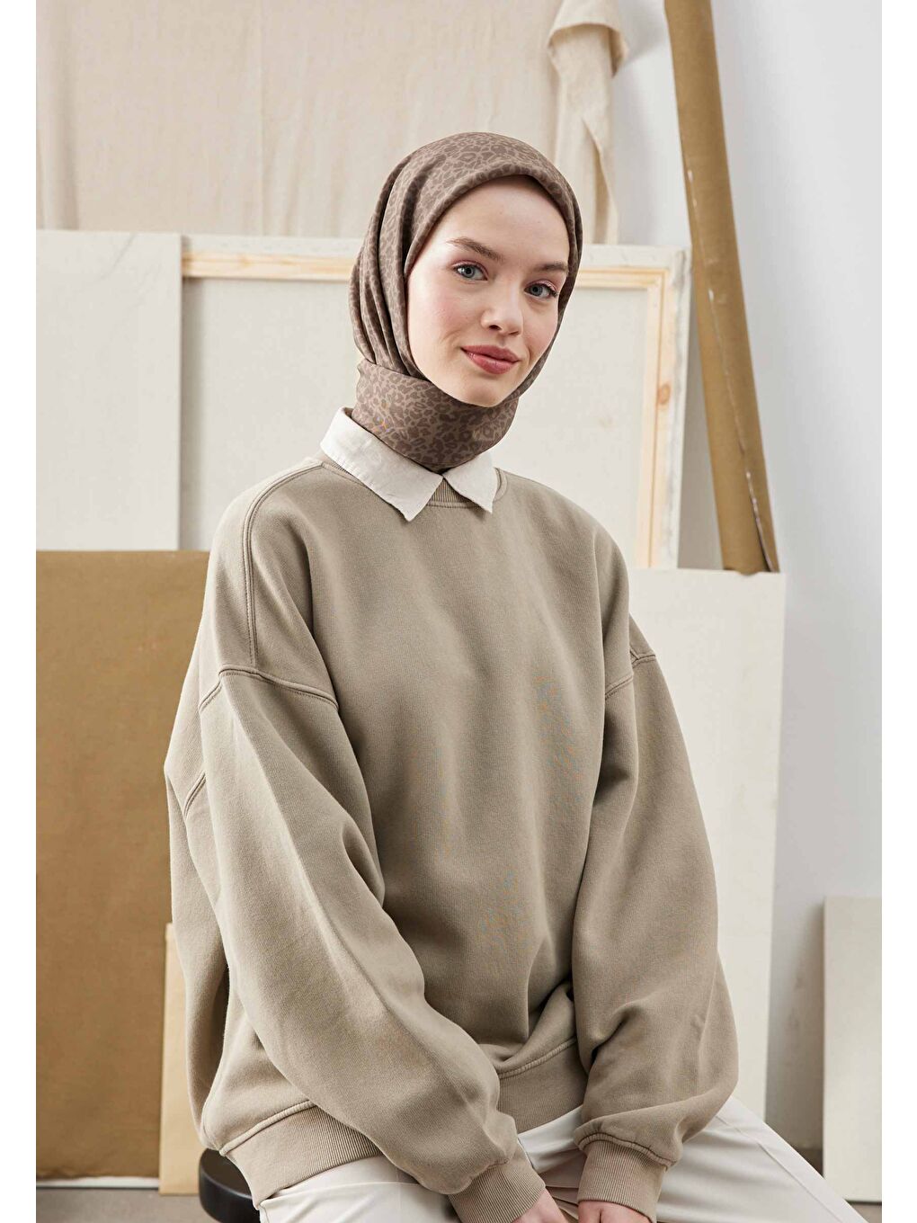 Kahverengi Leopar Desen Pamuk İpek Eşarp Sıcak Kahve