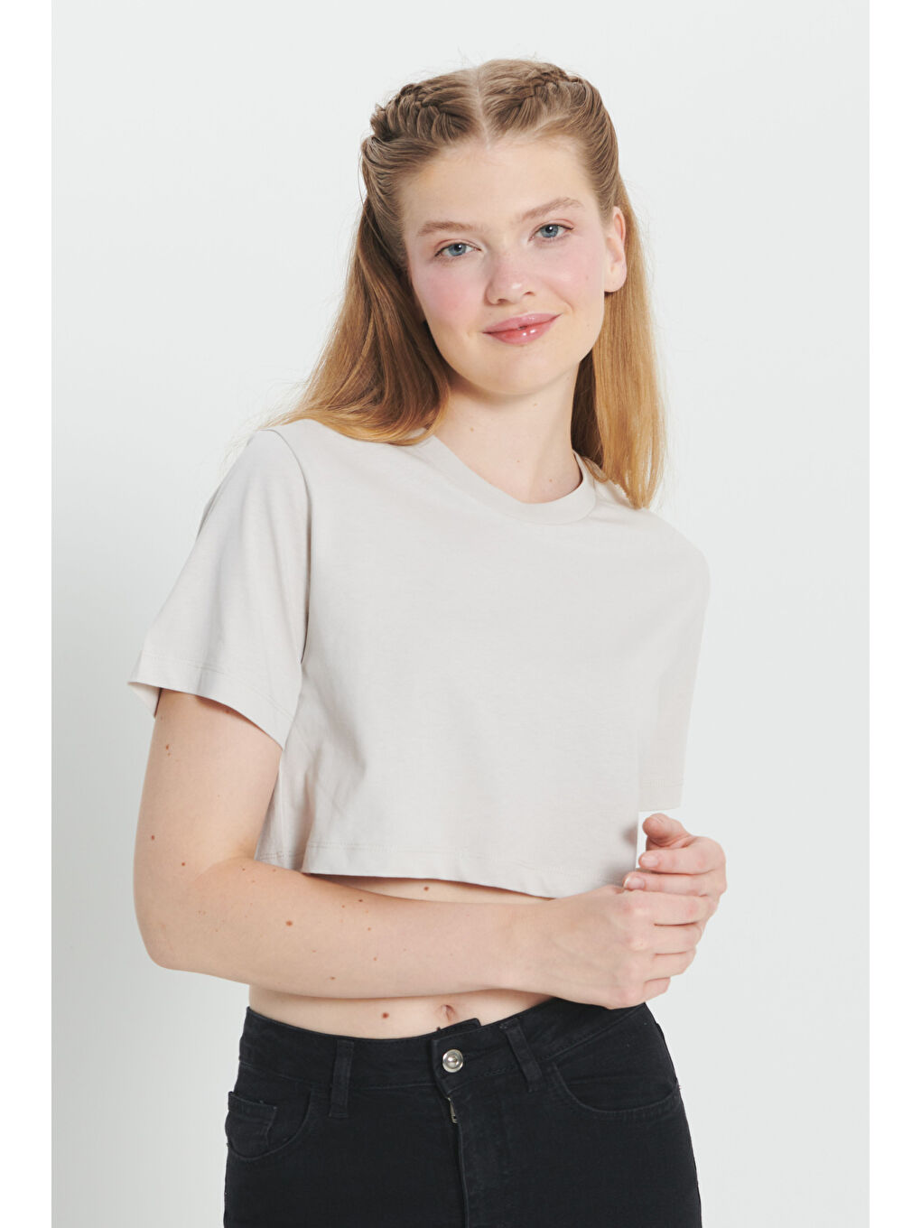 Bej Taş Standart Fit Normal Kesim %100 Pamuk Bisiklet Yaka Crop Tişört-3