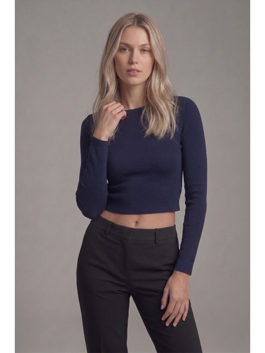 Lacivert Premium Yumuşak Dokulu Esnek Örme Bisiklet Yaka Crop Bluz-4