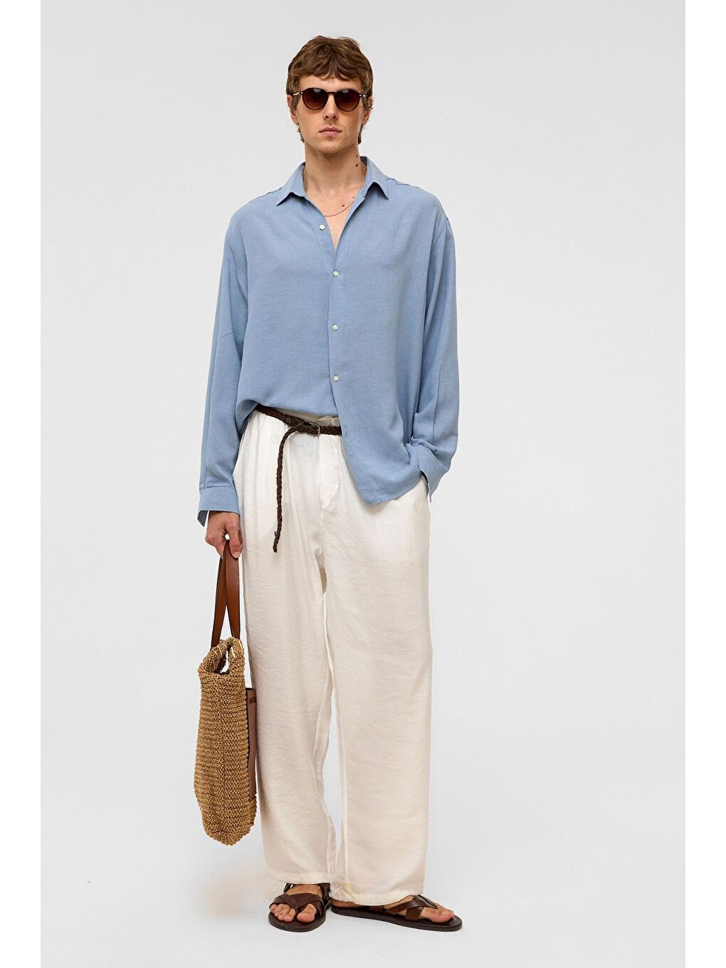 Oversize Uzun Kollu Keten Gömlek Bebe Mavi