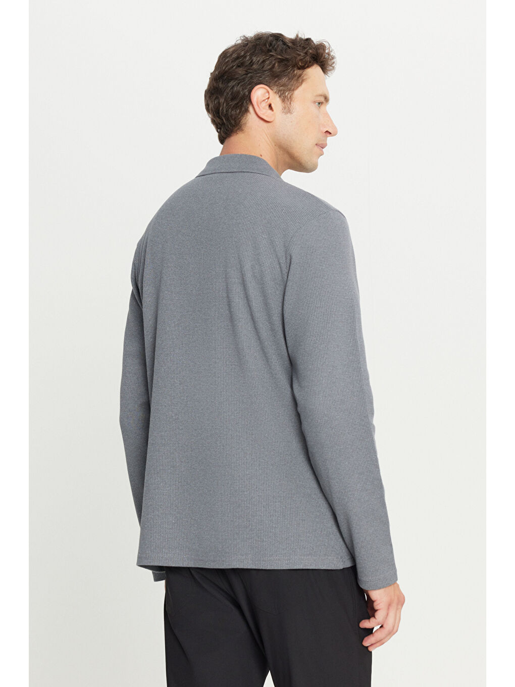 Erkek Gri Pamuklu Standart Fit Normal Kesim Polo Yaka Sweatshirt-4