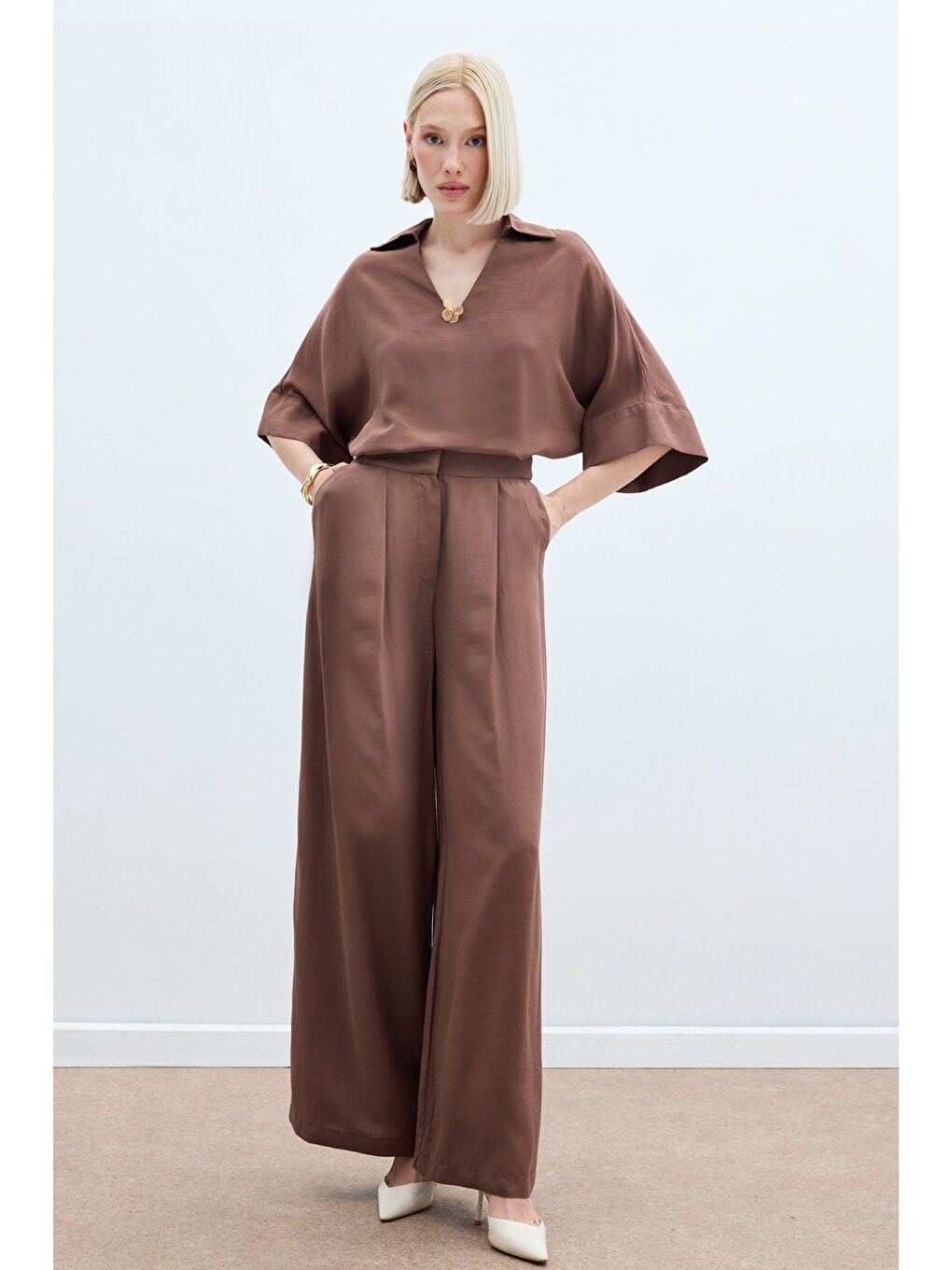 Kahverengi Keten Karışımlı Pantolon - Kahve-1