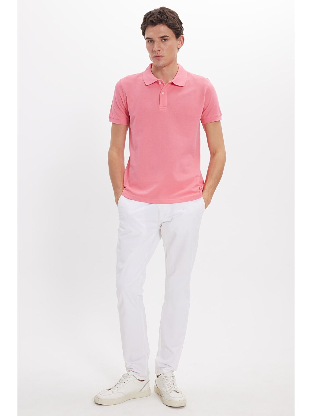 Erkek Slim Fit Dar Kesim %100 Pamuk Kısa Kollu Polo Yaka Pembe Tişört-1