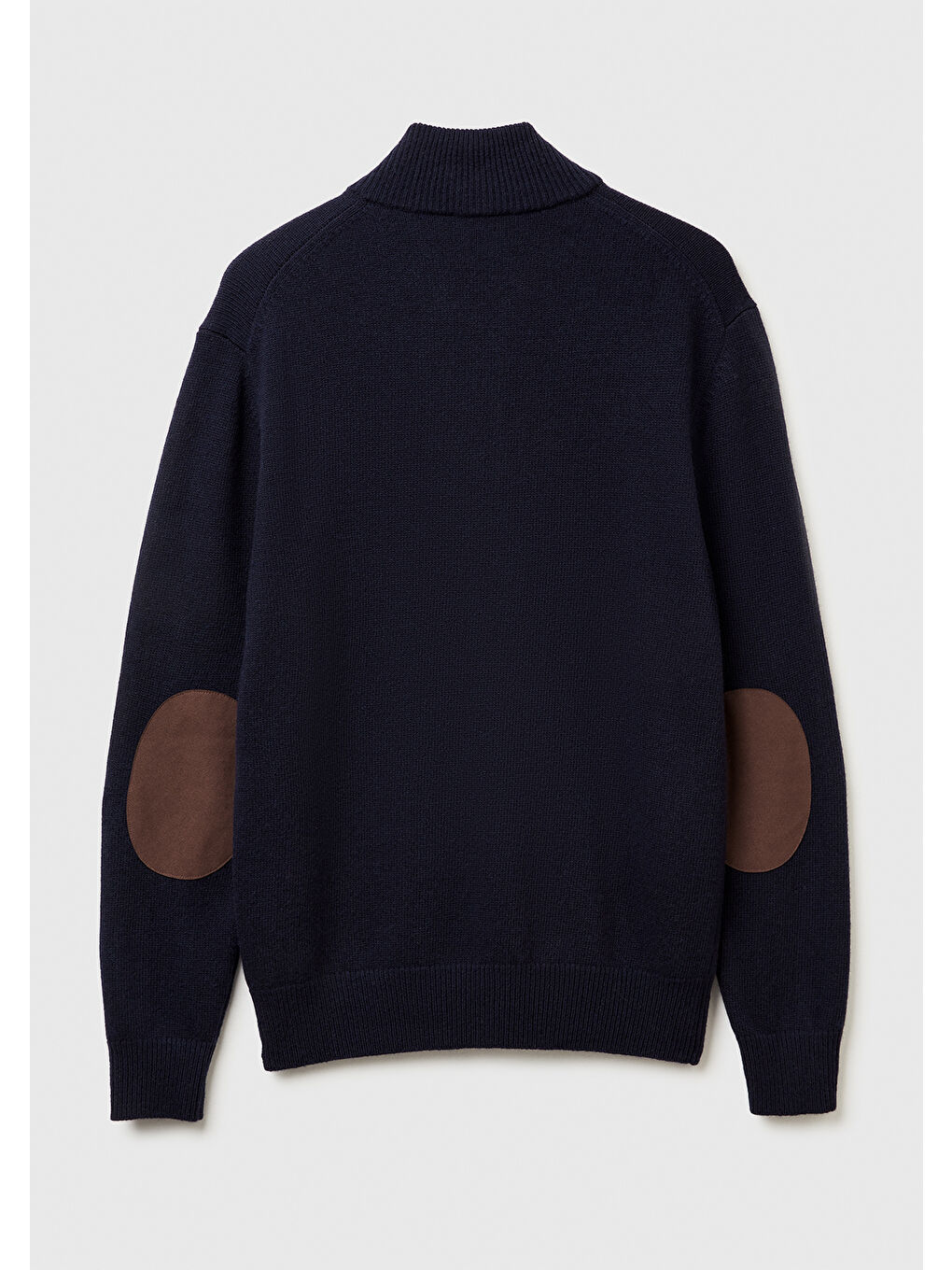 Erkek Lacivert Yün Karışımlı Dik Yaka Yarım Fermuarlı Dirsek Yamalı Triko-3