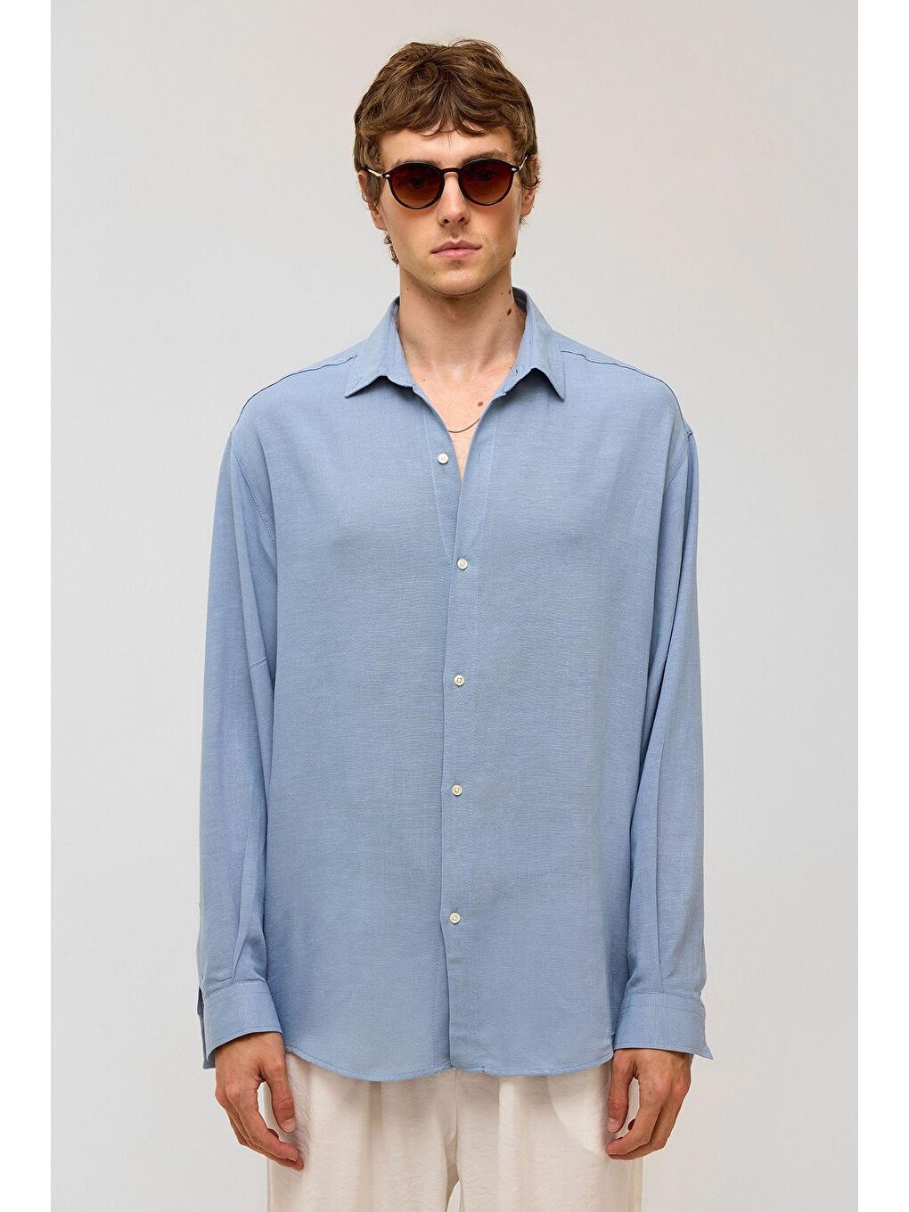 Oversize Uzun Kollu Keten Gömlek Bebe Mavi-1