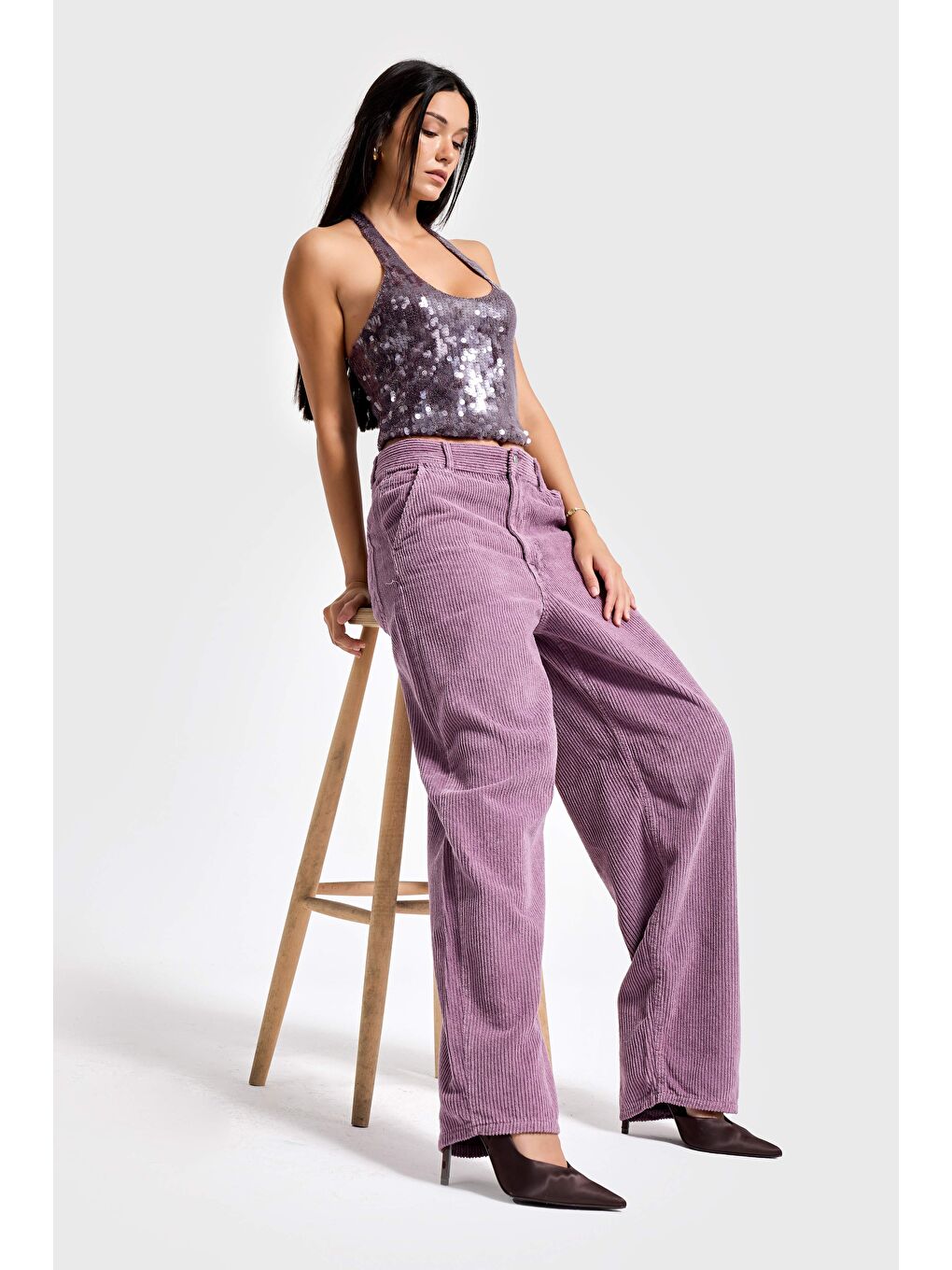 Kadın Lila Renk 29w5-111 Skater Fit Kalın Fitilli Velvet Kadife Kumaş Pantolon-2