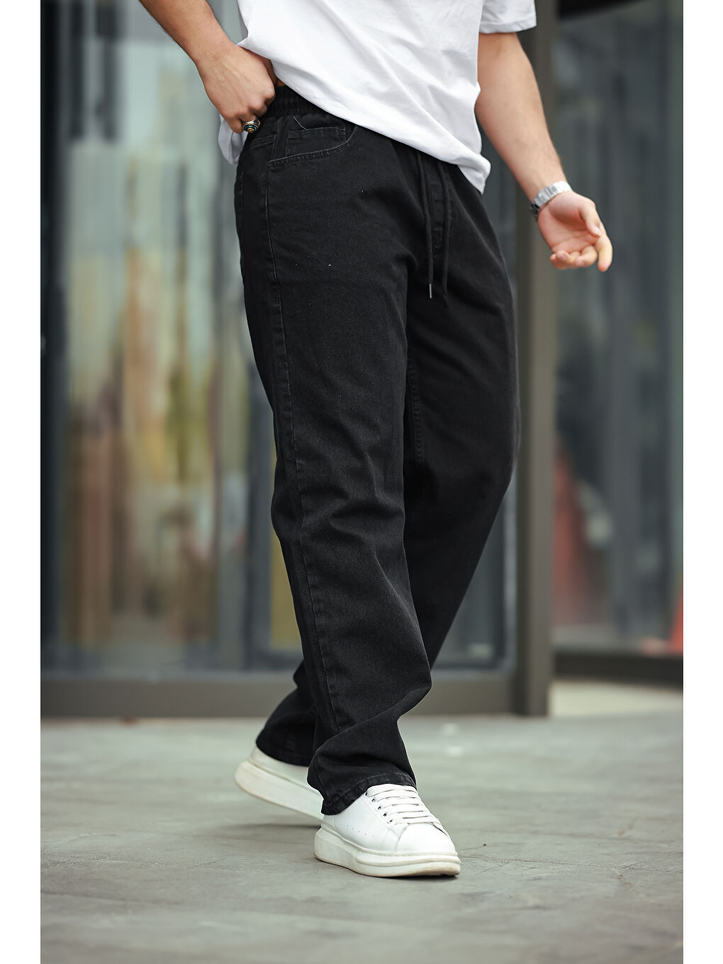 Siyah Baggy Rahat Kalıp Bel Lastikli  Erkek Pantolon