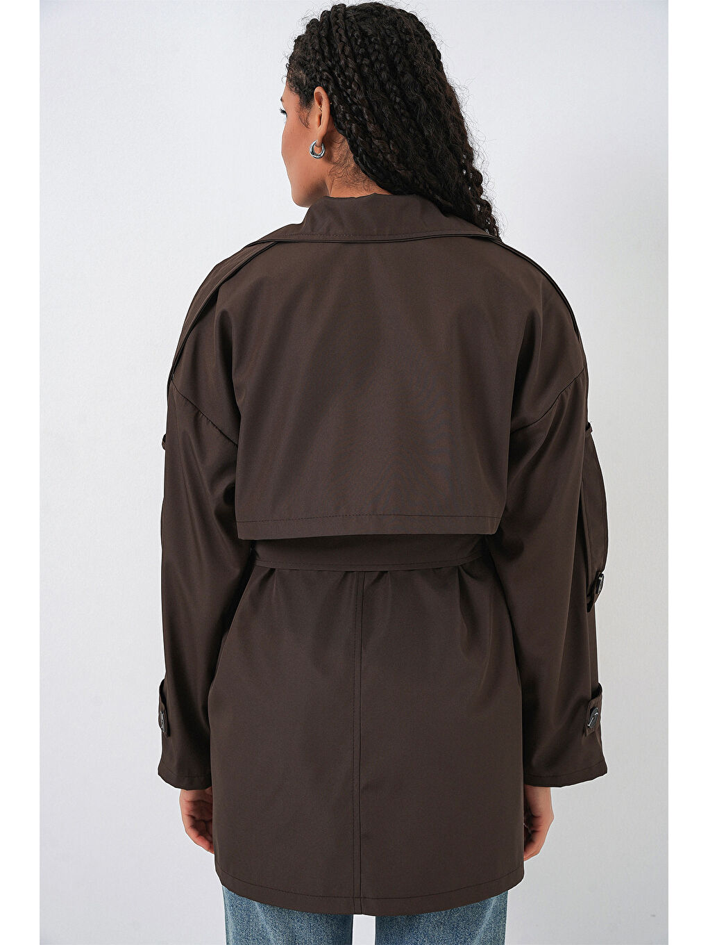 Kahverengi Kadın Kuşaklı Kısa Trençkot 5974 - A.Kahve-5