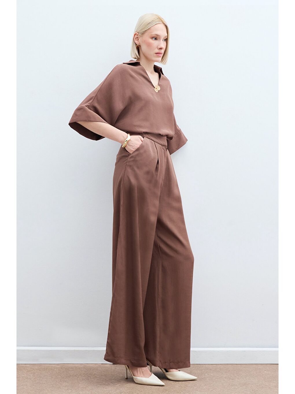 Kahverengi Keten Karışımlı Pantolon - Kahve-3