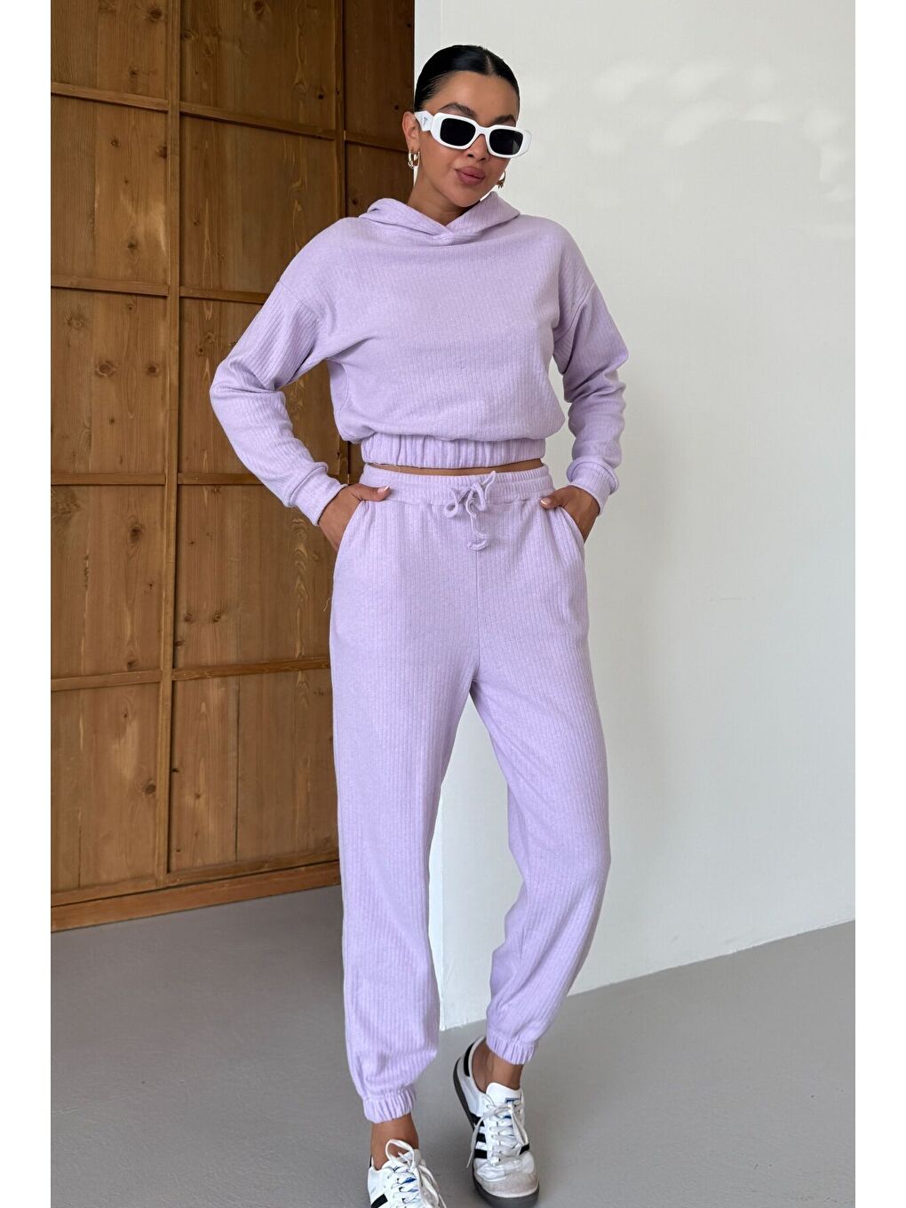 Mor Kadın Lila Kapüşonlu Crop Fitilli Alt-Üst Takım-7