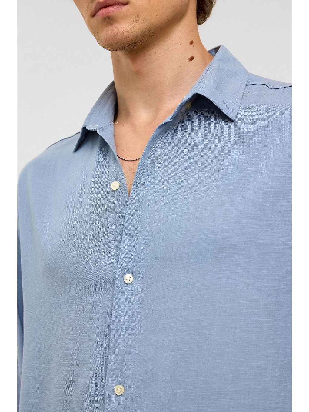 Oversize Uzun Kollu Keten Gömlek Bebe Mavi-4