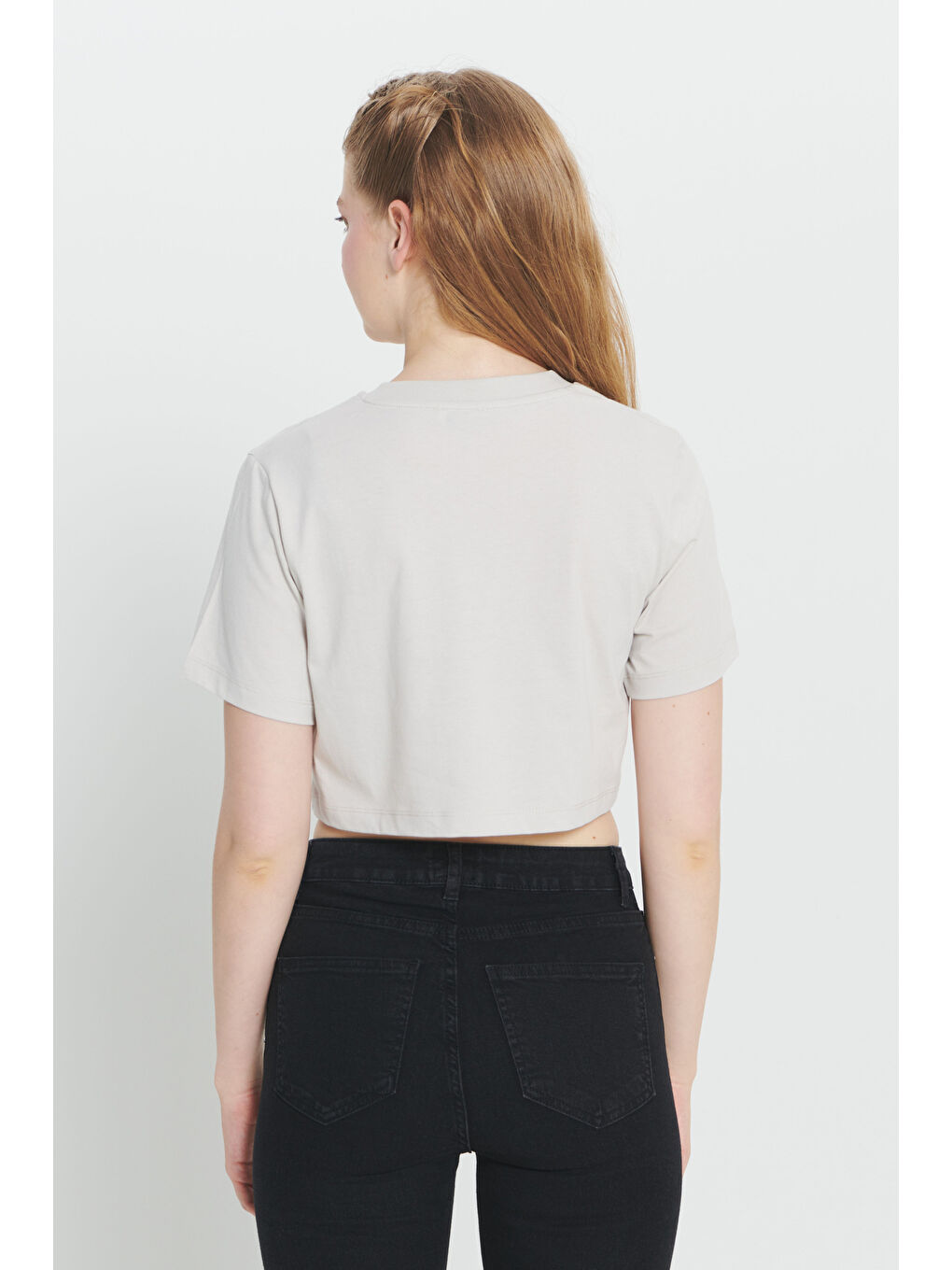 Bej Taş Standart Fit Normal Kesim %100 Pamuk Bisiklet Yaka Crop Tişört-4