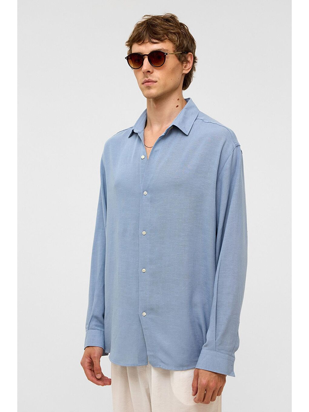 Oversize Uzun Kollu Keten Gömlek Bebe Mavi-5