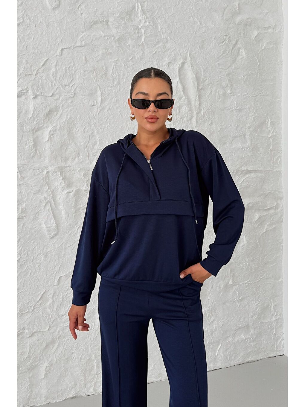 Kadın Lacivert Kapüşonlu Biye Detaylı Yarım Fermuarlı Kanguru Cepli Alt-Üst Takım-5