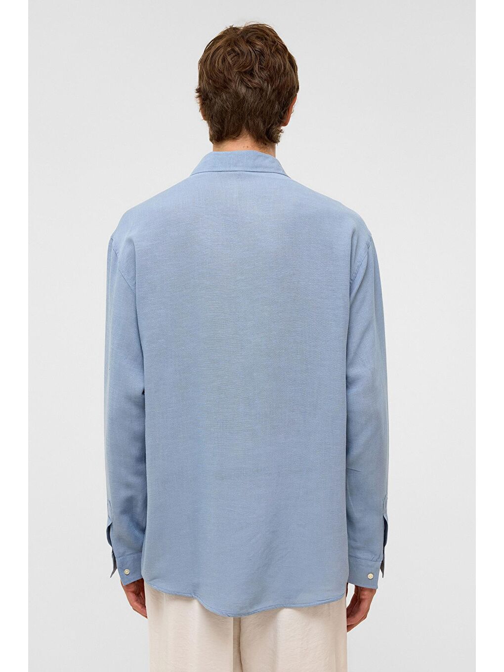 Oversize Uzun Kollu Keten Gömlek Bebe Mavi-6