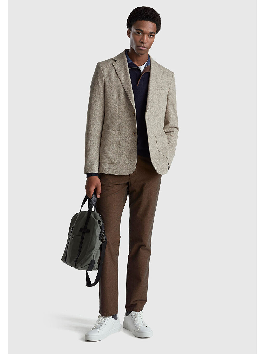 Erkek Lacivert Yün Karışımlı Dik Yaka Yarım Fermuarlı Dirsek Yamalı Triko-4