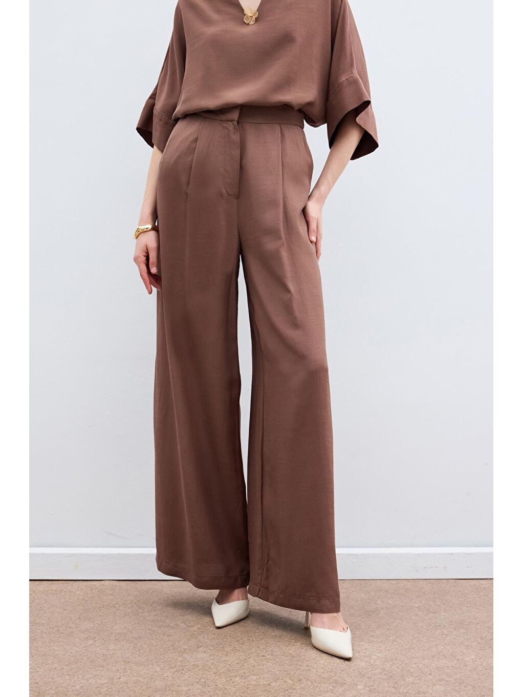 Kahverengi Keten Karışımlı Pantolon - Kahve-5