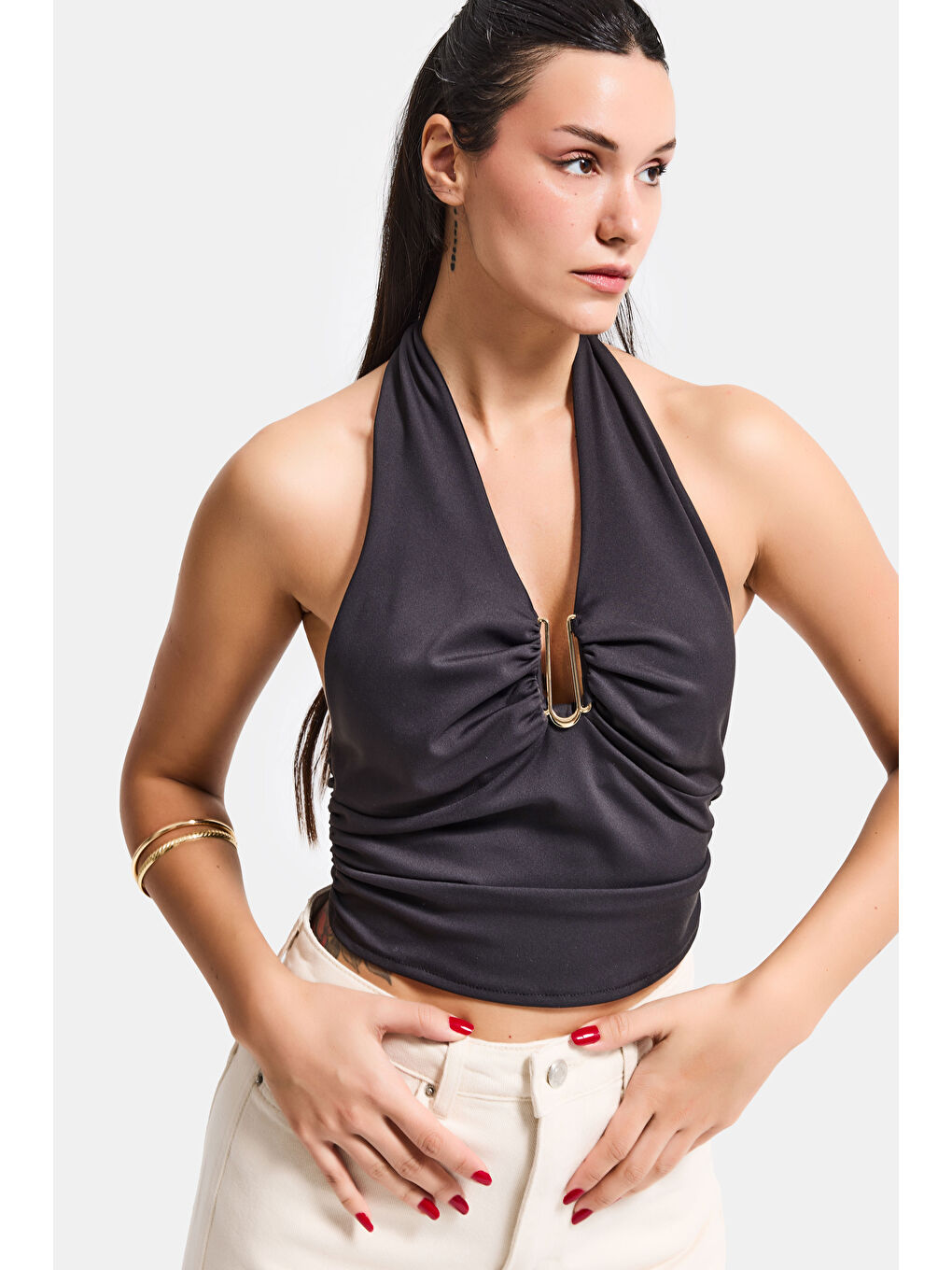 Kadın Siyah s6-1 Aksesuar Detaylı Bluz