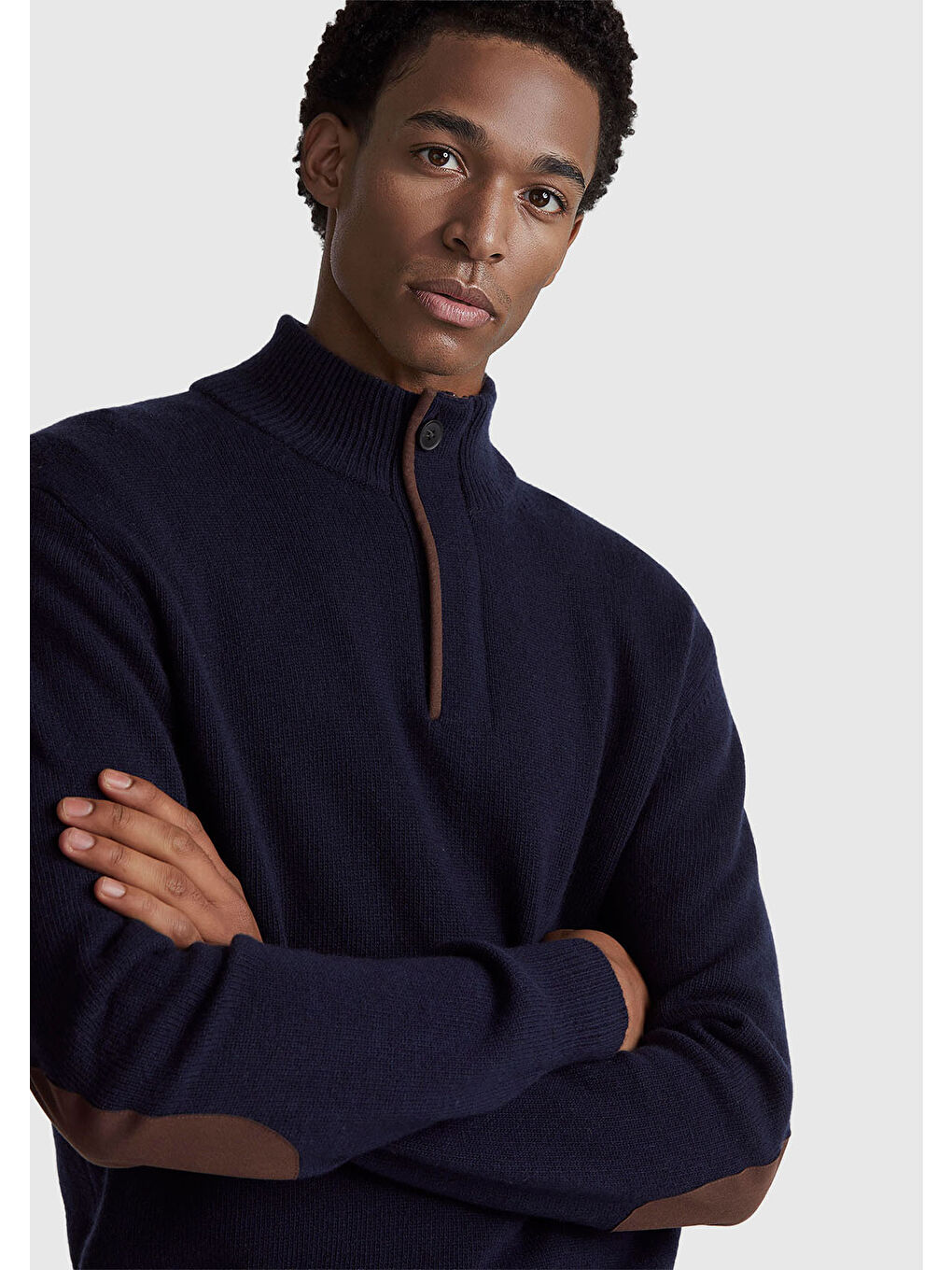 Erkek Lacivert Yün Karışımlı Dik Yaka Yarım Fermuarlı Dirsek Yamalı Triko-5