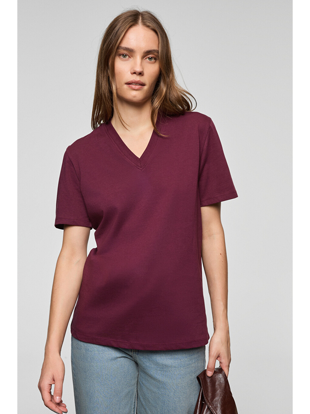 Bordo ALINE Kadın %100 organik Pamuk Derin V Yakalı Comfort Fit BORDO T-Shirt-3