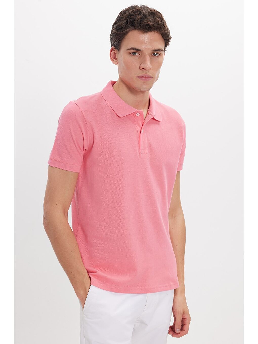 Erkek Slim Fit Dar Kesim %100 Pamuk Kısa Kollu Polo Yaka Pembe Tişört-2