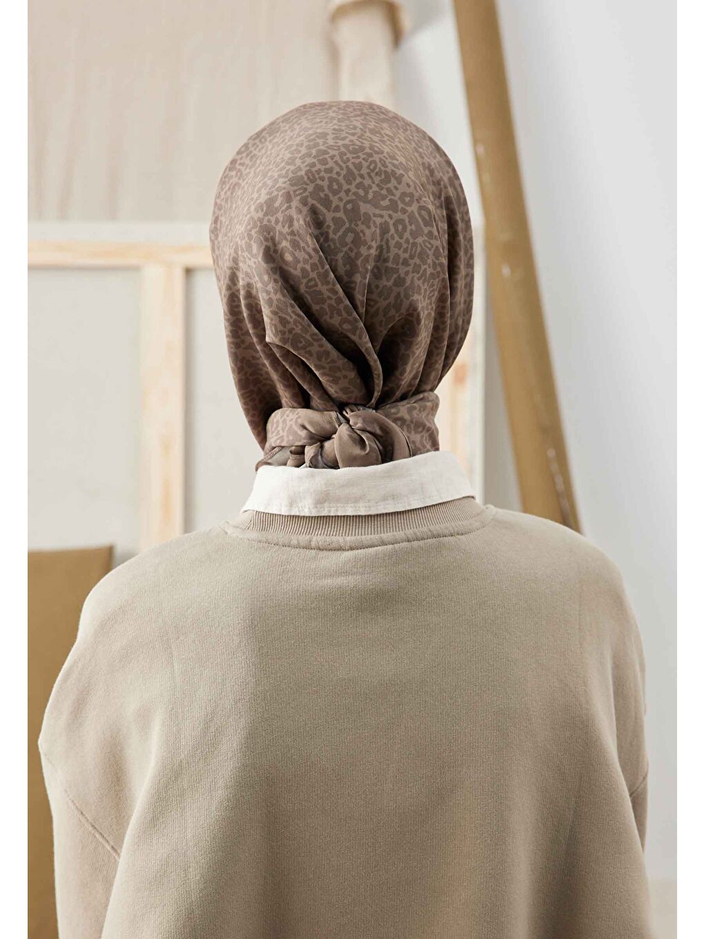 Kahverengi Leopar Desen Pamuk İpek Eşarp Sıcak Kahve-4