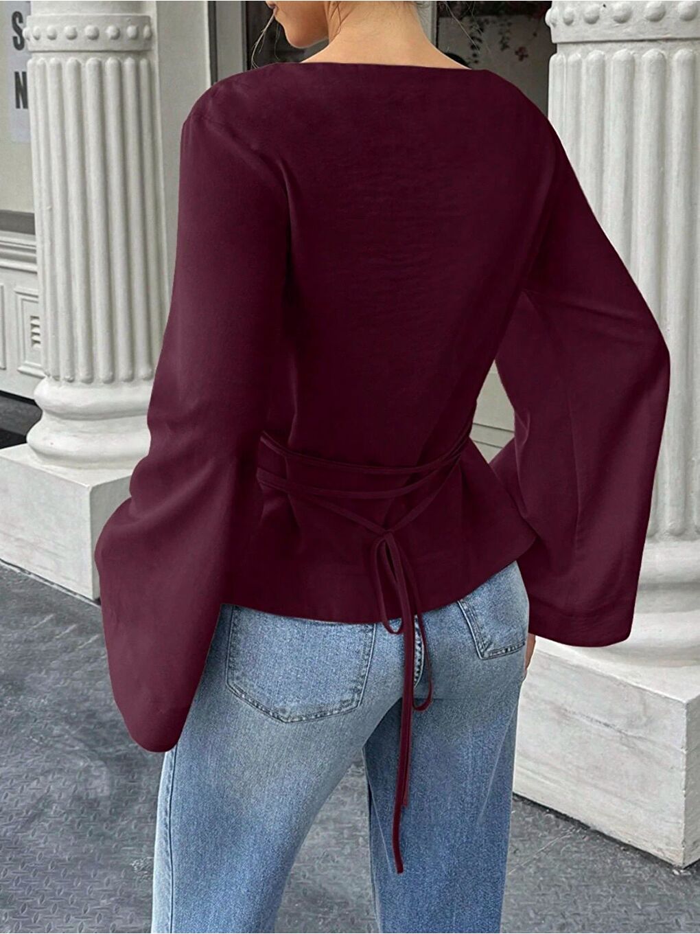 Bordo Kadın Belden Bağlamalı İpli İspanyol Kol Bluz-1