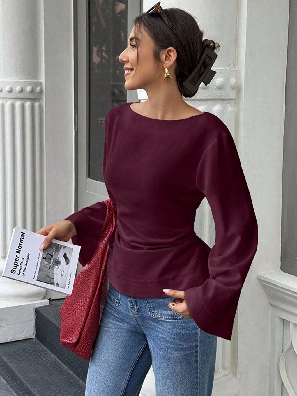 Bordo Kadın Belden Bağlamalı İpli İspanyol Kol Bluz-2