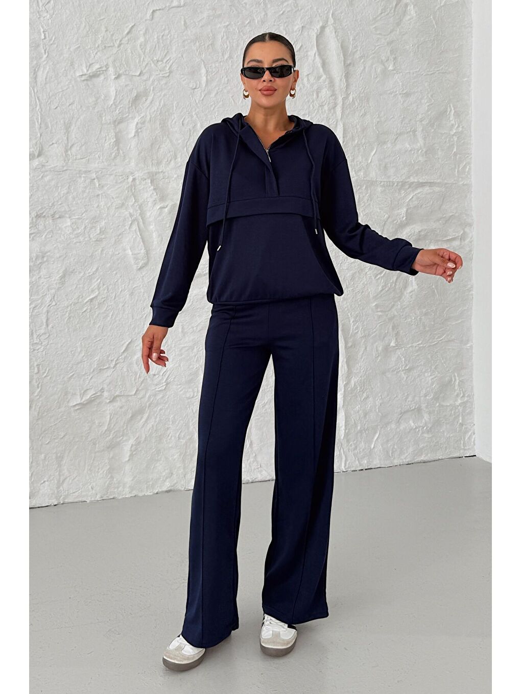 Kadın Lacivert Kapüşonlu Biye Detaylı Yarım Fermuarlı Kanguru Cepli Alt-Üst Takım-6