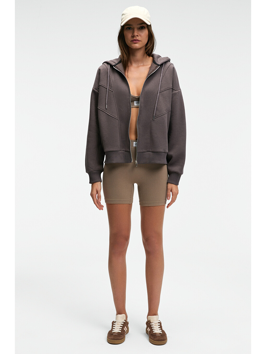 Vyselle Kadın Önü Kesikli Metal Fermuarlı Kapüşonlu Etiket Detaylı Oversize Antrasit Sweatshirt-2