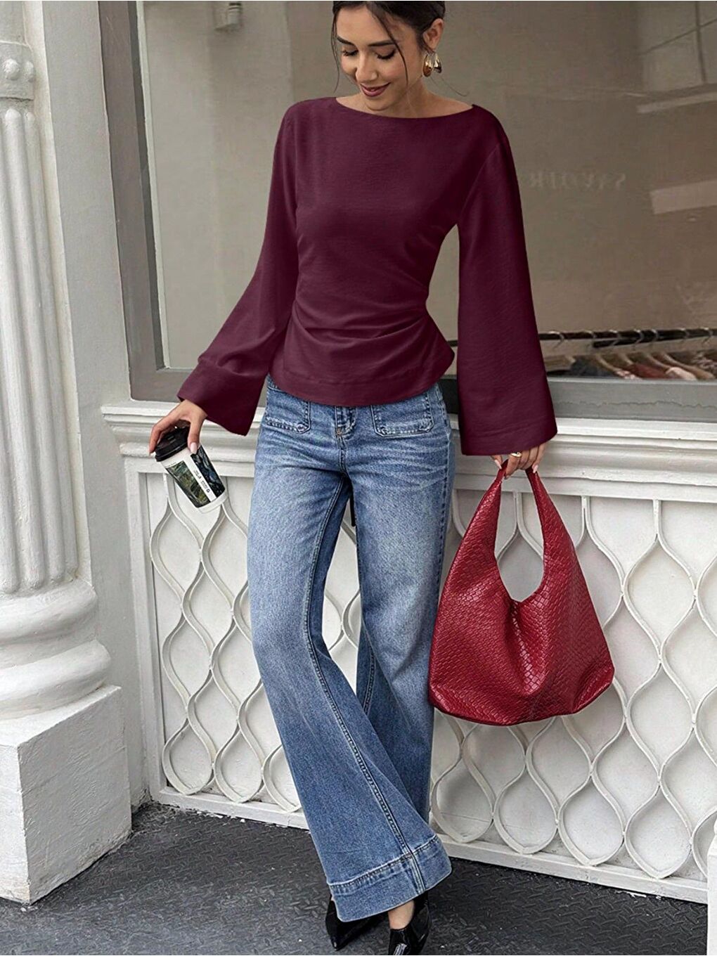 Bordo Kadın Belden Bağlamalı İpli İspanyol Kol Bluz-3