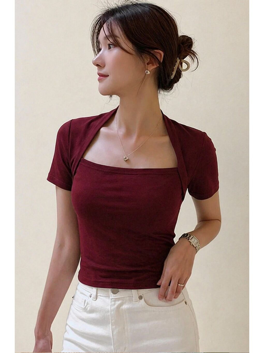 Bordo Kadın Haki Kuğu Yaka Slim Kısa Kollu Fit Crop Bluz-2