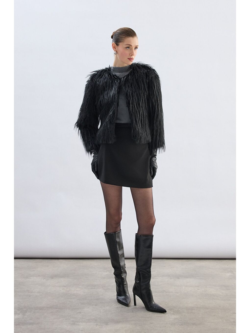 Bisiklet Yaka Suni Kürk - Siyah-1