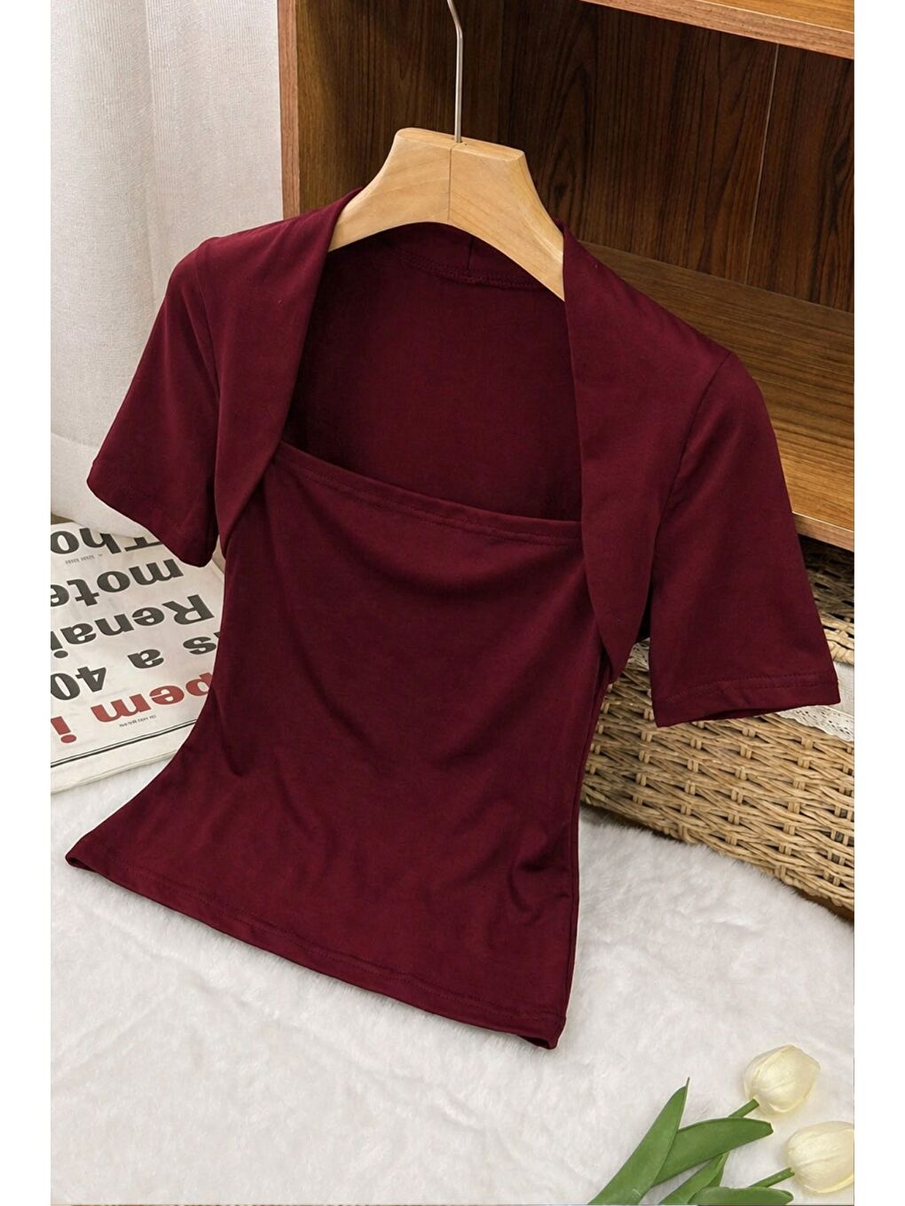 Bordo Kadın Haki Kuğu Yaka Slim Kısa Kollu Fit Crop Bluz-3