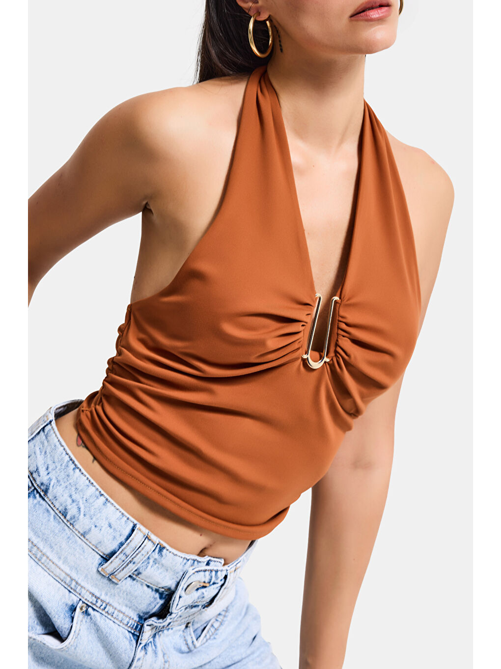 Kahverengi Kadın Kiremit s6-55 Aksesuar Detaylı Bluz-2