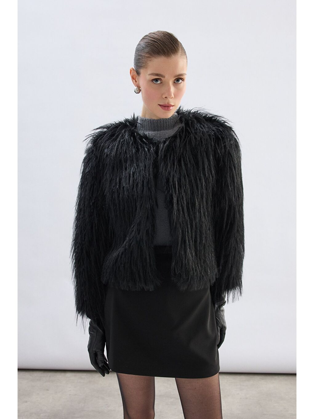 Bisiklet Yaka Suni Kürk - Siyah-2