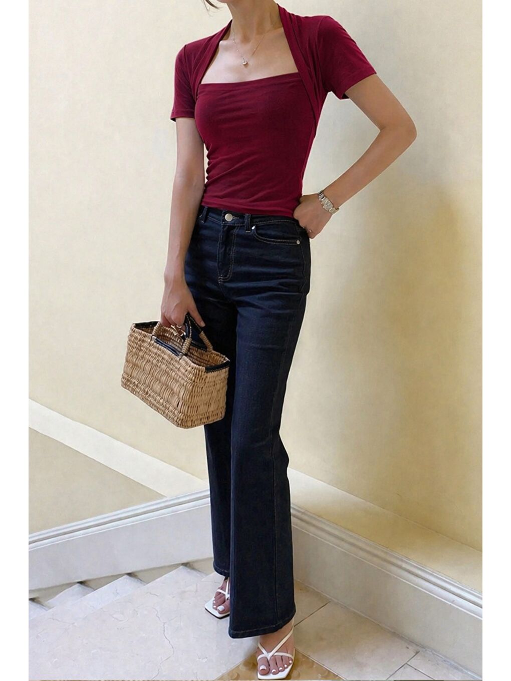 Bordo Kadın Haki Kuğu Yaka Slim Kısa Kollu Fit Crop Bluz-4