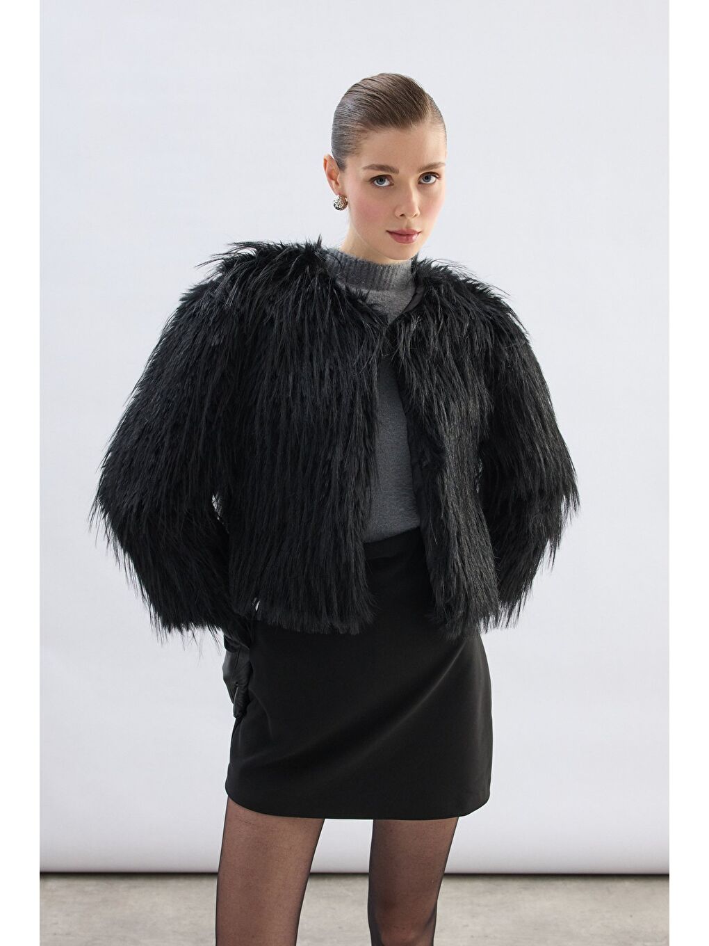 Bisiklet Yaka Suni Kürk - Siyah-3