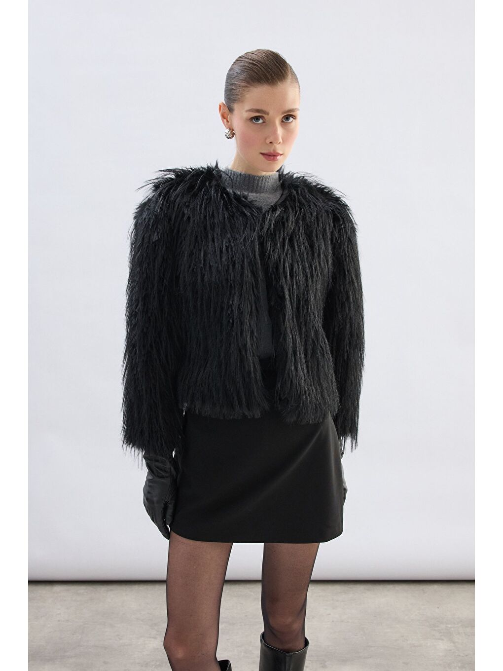 Bisiklet Yaka Suni Kürk - Siyah-4