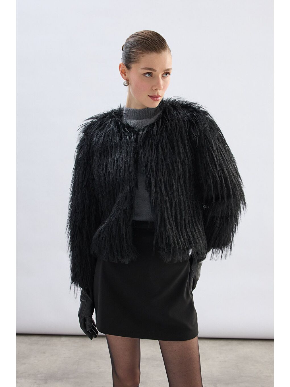 Bisiklet Yaka Suni Kürk - Siyah-5