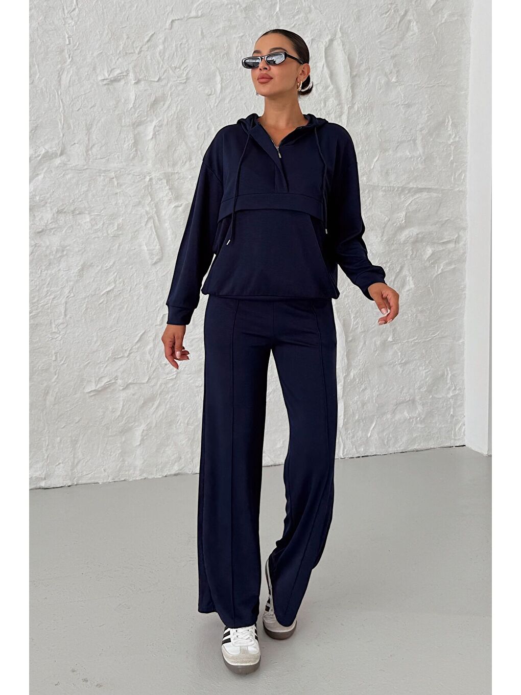 Kadın Lacivert Kapüşonlu Biye Detaylı Yarım Fermuarlı Kanguru Cepli Alt-Üst Takım-7