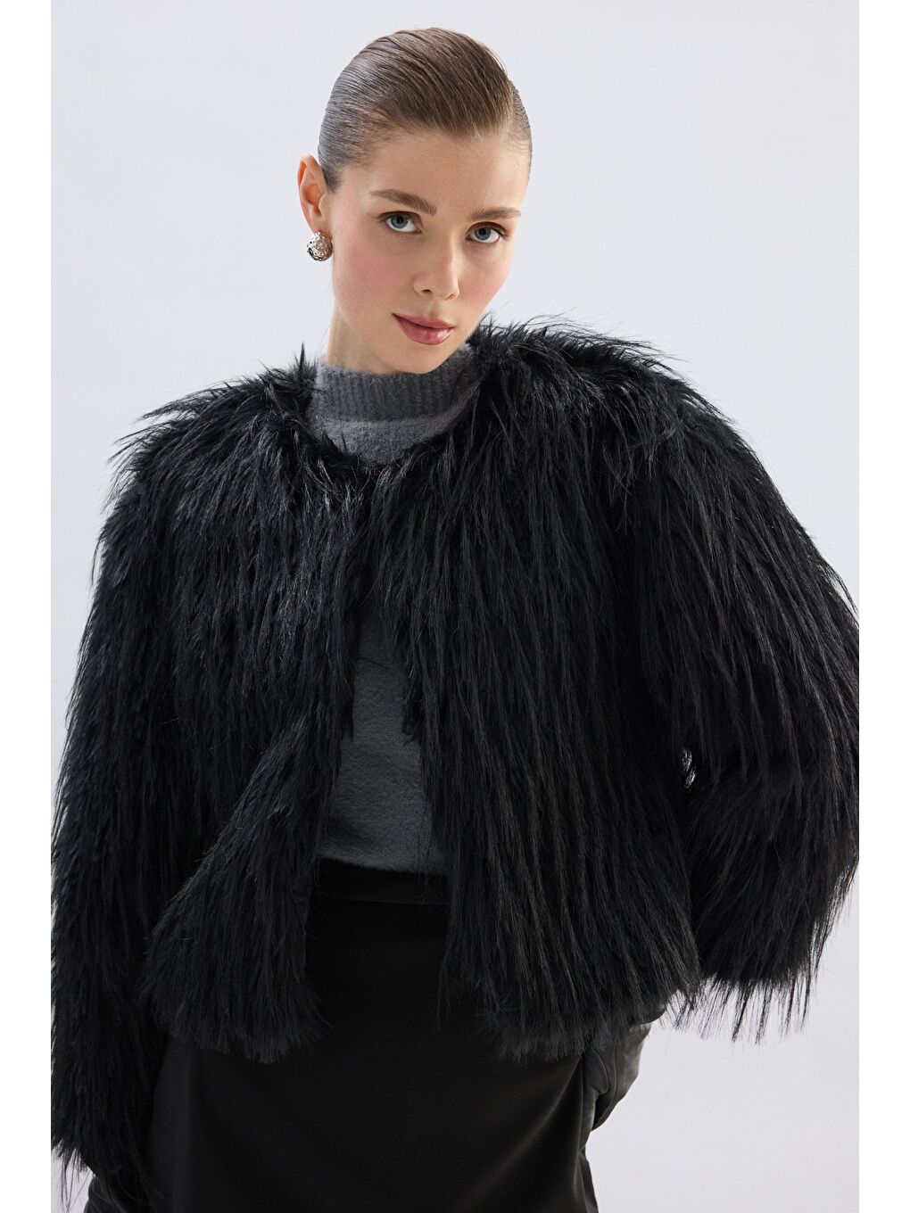 Bisiklet Yaka Suni Kürk - Siyah-6