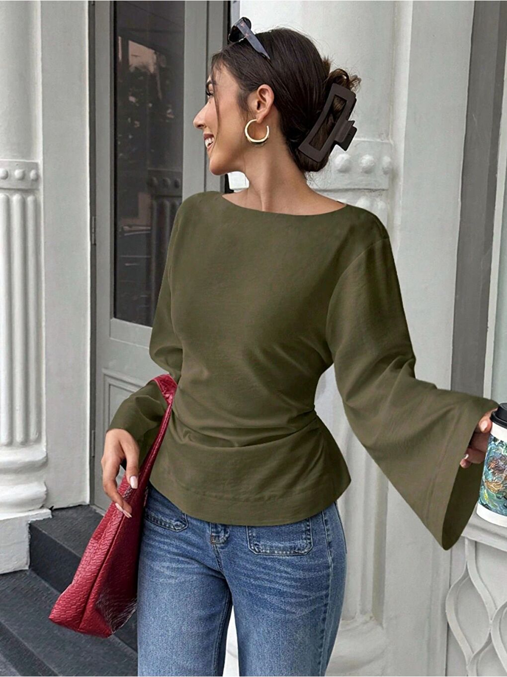 Haki Kadın Belden Bağlamalı İpli İspanyol Kol Bluz-2