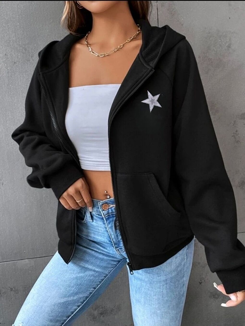 Kadın Siyah Silver Star Baskılı Fermuarlı Oversize Hırka